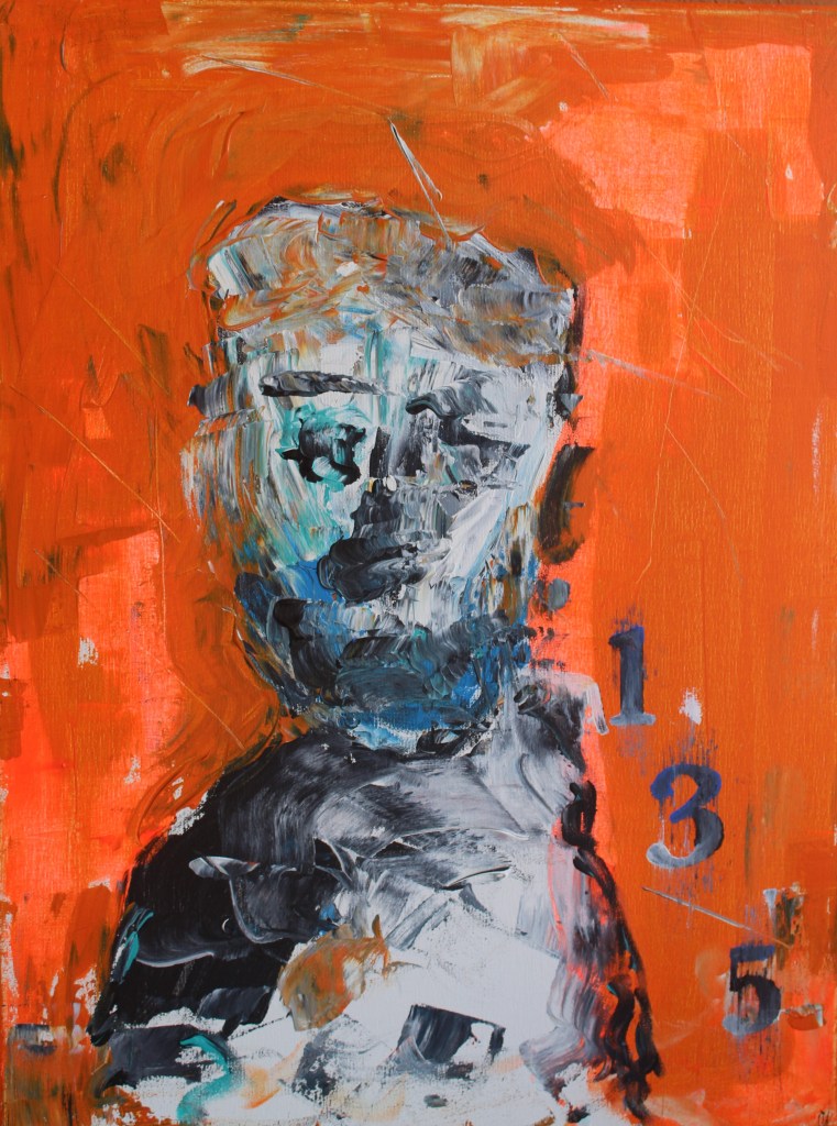 “Identidad dispersa, expressionist painting by D. Gil depicting a fragmented human identity shaped and altered by external influences, social pressures, and shifting beliefs.”