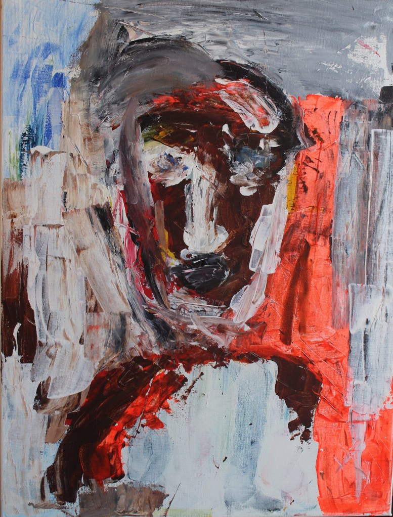 “Madness, expressionist painting by D. Gil depicting a distorted human face that evokes psychological turmoil, confusion, and a sense of inner chaos.”