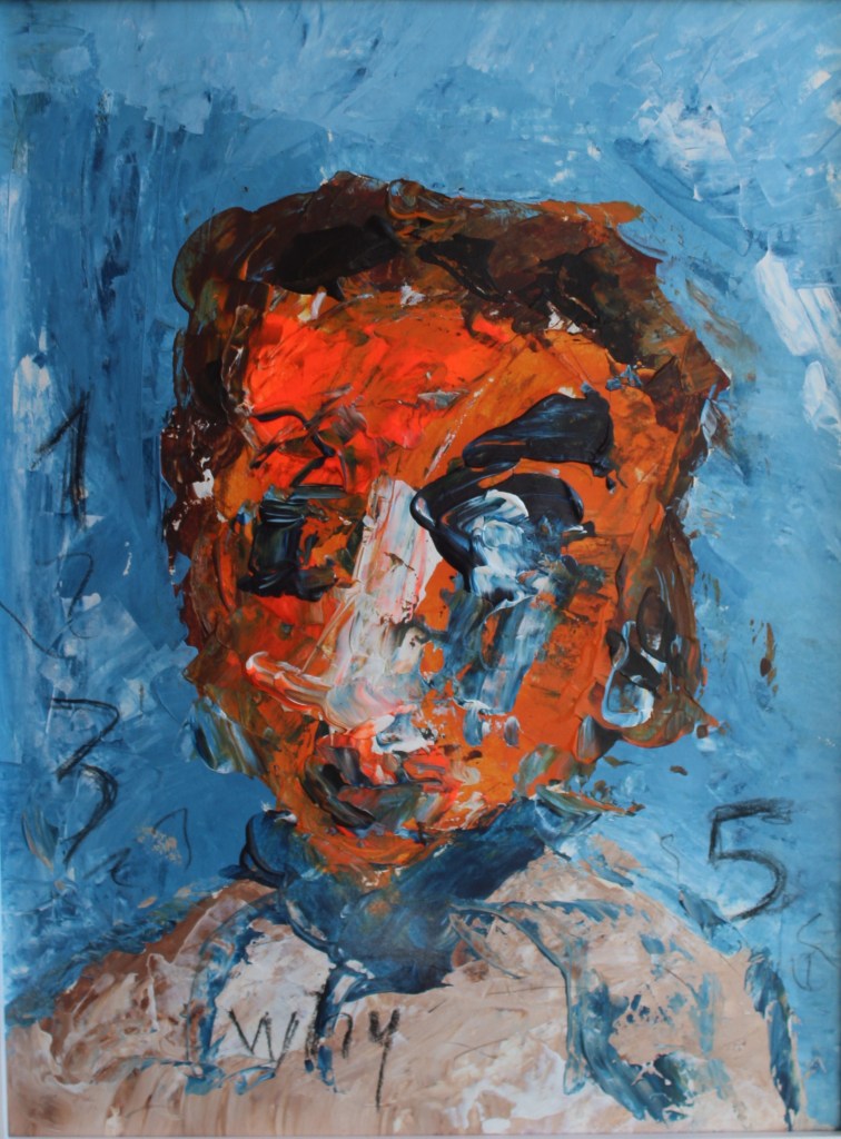 “Monde Bleu, expressionist painting by D. Gil depicting a human figure immersed in a blue world, evoking persistent feelings of sadness, sorrow, and emotional isolation.”